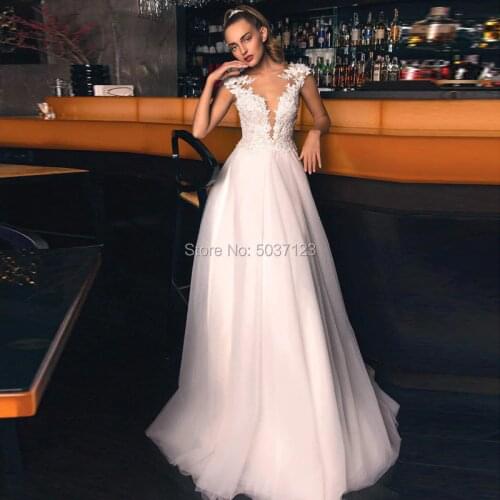 Cap Sleeves Wedding Dresses Deep V Neck Bridal Wedding Gown Lace Appliques Court Train Button Illusion Vestido De Noiva
