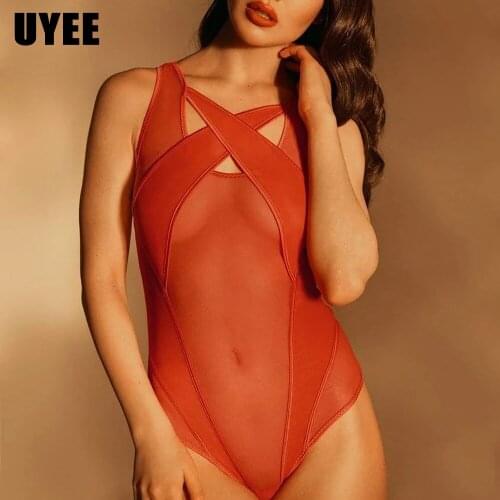 UYEE Women Red Bodysuit Off Shoulder Cross Neck Polyester Summer Sexy Lingerie Soild Slim Perspective Sleeveless Sexy Body Tops