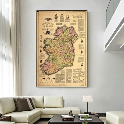 Vintage "HOME RULE MAP OF IRELAND" Oil Painting Canvas Printings Wall Art Pictures Decorative Painting for Home Decor No Frame