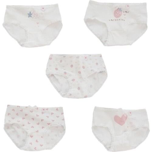 Japanese Womens Cute Cartoon Panties Kawaii Cotton Underwear Schoolgirl Strawberry Printed White Briefs 5-pack Underpants