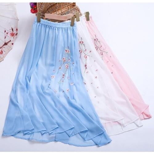 TingYiLi Vintage Ethnic Floral Embroidery Long Skirt Womens Summer Boho Beach Chiffon Skirt Korean Blue Pink White A-line Skirt