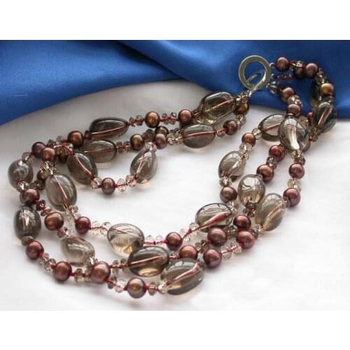 Pearl Necklace,Handwork 3Rows 18inches Smoke Crystal Coffee Freshwater Pearl Necklace,Perfect Women Chirstmas Gift Jewellery