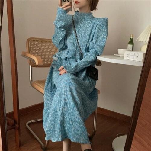 Womens Floral Ruffled Lantern Sleeve Mid-Length Over-The-Knee-Waist Long Skirt Blue One Size