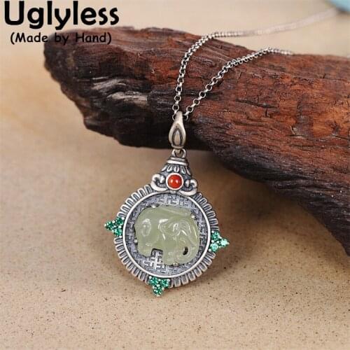 Uglyless Ethnic Totem Animals Necklaces for Women Thai Silver Medals Pendants Hotan Jade Elephants Necklaces 925 Silver + Chains