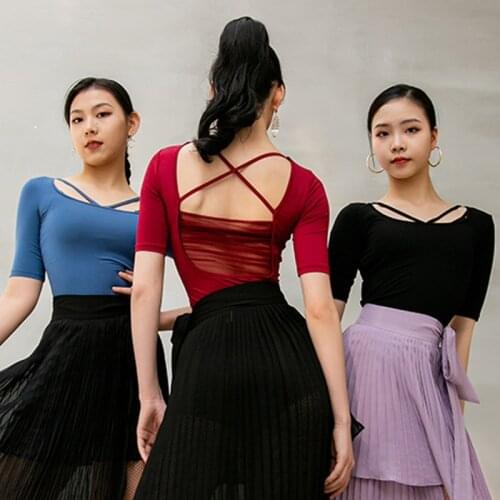 Latin Dance Clothes For Women Summer Short Sleeve Tops Backless Latin Shirts Adult Ballroom Dance Practice Wear T-Shirt BL6115