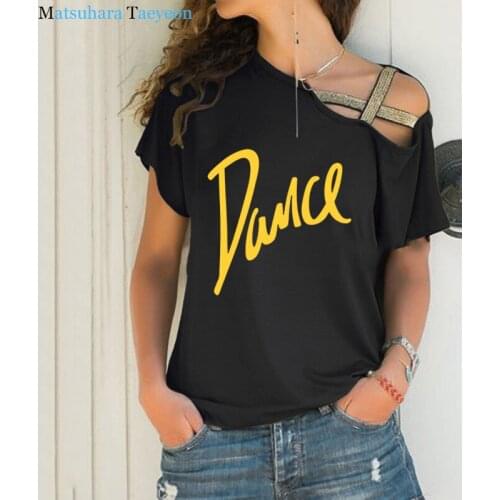 Letter Dance Women T-shirt Loose Slash Neck T Shirt Ladies Casual Tshirt Summer Casual Irregular Skew Cross Bandage Tops Tee