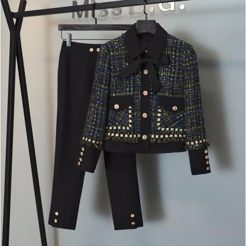 2021FW Autumn Winner High Quality Women Bow Black Tweed Jacket Coat + Casual Long Trouse Ladies Pants Suits Sets MS 8.25