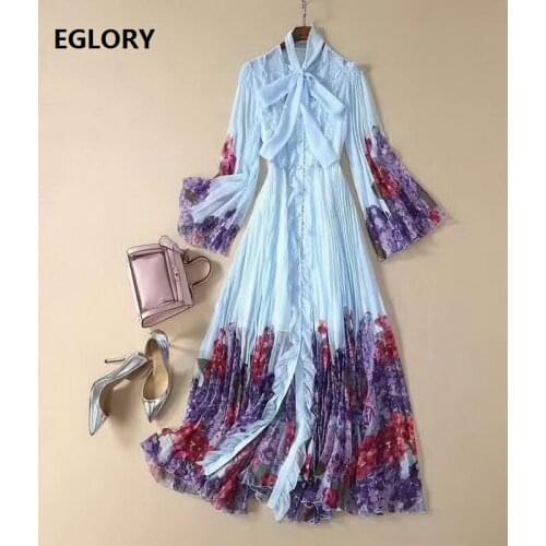Floor Length Dress 2020 Spring Summer Evening Party Women Bow Collar Charming Flower Print Flare Sleeve Long Blue Maxi Dress XL