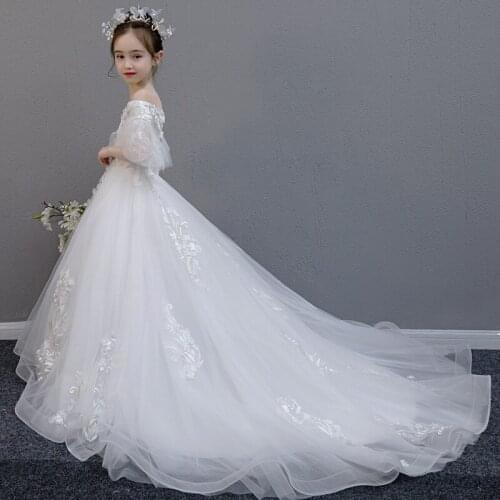 Custom White Princess Tulle Long Floor Length Ball Gown Flower Girl Dresses with Train