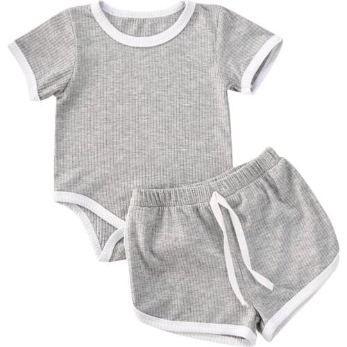 0-24M Infant Summer Casual Baby Clothes Boys Girls Short Sleeve Knited Romper+Shorts 2pcs Cotton Baby Clothing Outfits 5 Colors