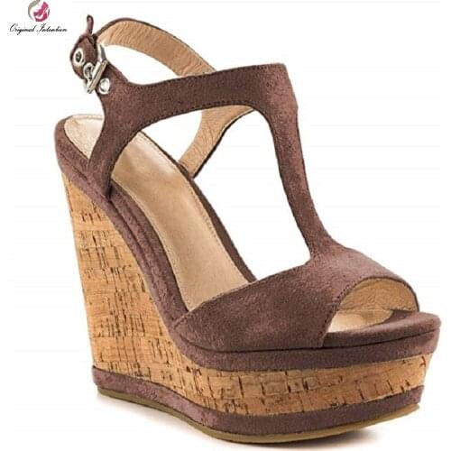 Fashion Solid High Heels Sandals Peep Toe Platform Cover Heel Super High Wedges Buckle Strap Party Shoes Sandals Big Size 34-45