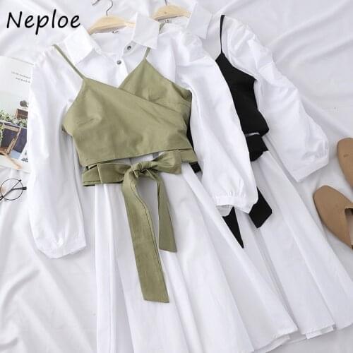 Neploe Casual 2 Piece Set Drawstring Strapless Camis + Turn-down Collar Mid-length Solid Color Shirt Dress Autumn New Suit