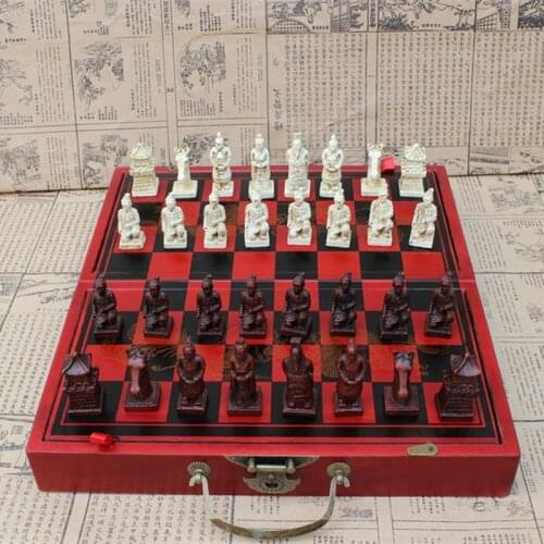 New Antique Chess Medium Terracotta Chess Pieces Antique Wooden Folding Chessboard Three-dimensional Character Yernea