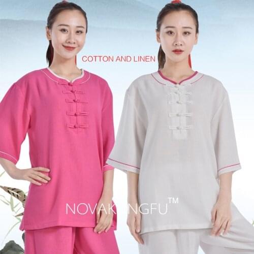 Tai Chi clothing womens short-sleeved cotton and linen practice clothes middle-aged and elderly summer thin martial arts