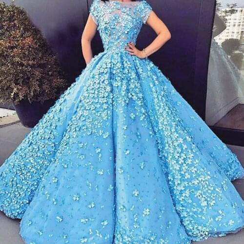 SuperKimJo Luxury Prom Dresses Ball Gown Handmade Flowers Elegant Blue Beaded Prom Gown Robes De Bal Vestido De Festa