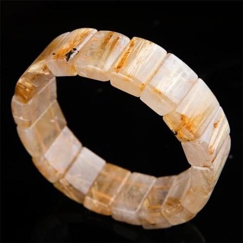 Genuine Natural Titanium Gold Rutilated Quartz Crystal Rectangle Bead Stretch Bracelet For Women