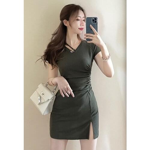 Real Shot 2021 Summer New Fashion Simple V-Neck Sexy Slim Fold Split A-Line Short-Sleeved Dress
