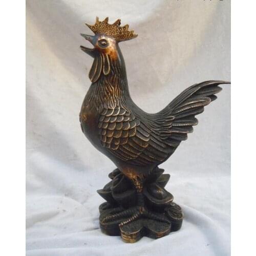 Old Chinese bronze carved feng shui luck finery money rooster sculpture statue