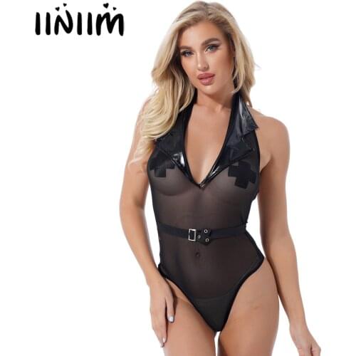 Sexy Women Bodysuit Sheer Mesh Patchwork Bodysuit Halter Deep V Neck Notch Lapel Adjustable Buckle Slim Fit Lingerie Nightwear