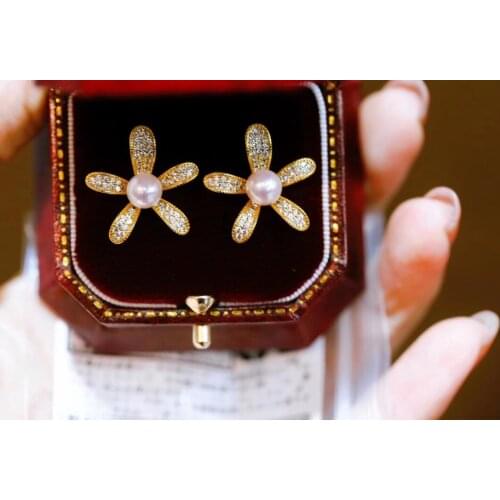 Semiround Pearl 5-7mm Flower Stud Earrings Jewelry Lady Natural Pearl Earrings Gifts