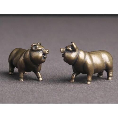 Old Brass Nafu Two Piglets Tea Table Decorations Zodiac Pig Hand Micro-Carved Copperware Tea Pets Antiques
