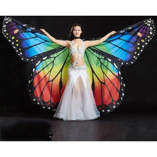Belly Dance Butterfly Wings With Sticks Belly Dancing Costume Women Adult Rainbow Butterfly 360 Degree Color Butterfly Props