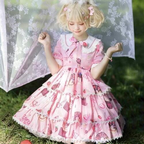 Japanese Sweet Lolita Dress Strawberry Donut Kawaii Tea Party Dress Cute Princess Kawaii Cake Dress Short Sleeve Op Dress