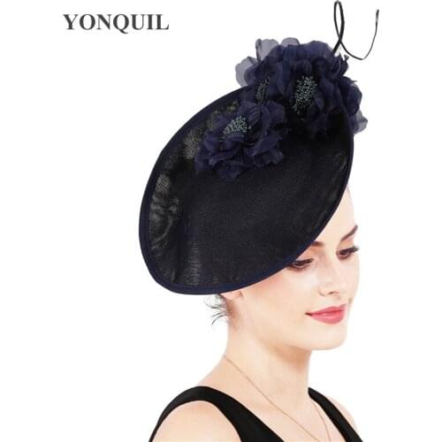 Vintage Big Hair Fascinators For Cocktail Derby Church Hats Elegant Women Fedora Fancy Navy Silk Flower Headwear 2020 New SYF540