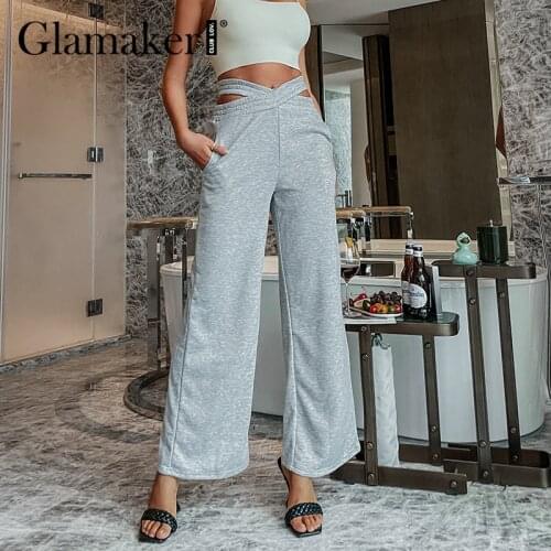Glamaker Casual High Waist women wide leg pants Autumn hollow out chic Office loose Elastic waist gray trousers 2021 winter new