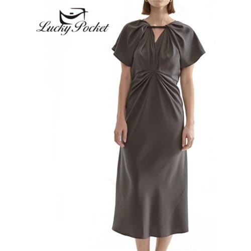 New Women Summer Black V-Neck Slim Pleated Long Dress Female Solid Color England Style Vestidos Ladies Fashionable Dresses ZM94