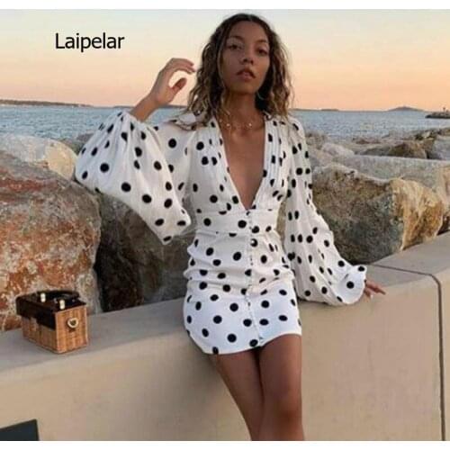 Black Polka Dot Autumn Dress Women Deep V Neck Long Lantern Sleeves Sexy High Waist Casual Vestidos