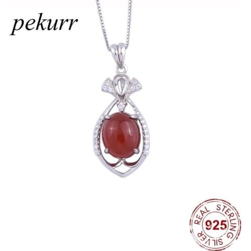Pekurr 925 Sterling Silver Crystal Fish Red Agate Stone Necklaces For Women Zircon Agate Pendants Wedding Fashion Jewelry Gift