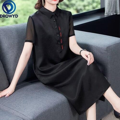 Summer Casual Loose Midi Dress 2021 Women Elegant Black Short Sleeve Mulberry Silk Vintage Satin Dress Bodycon Party Vestidos