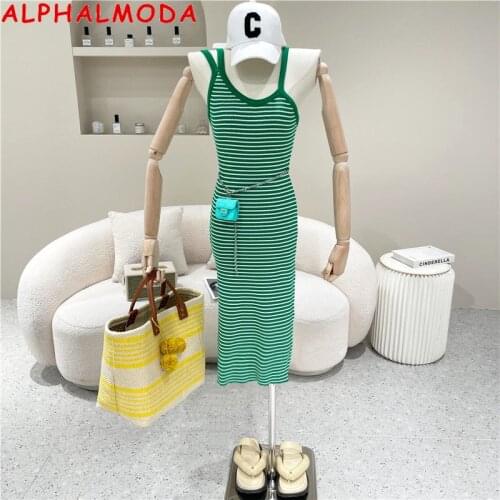 ALPHALMODA 2021 Asymmetric Design Slim Knit Suspender Dress Summer New Green and White Striped Sleeveless Dress
