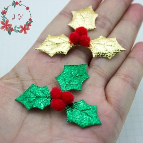 200pcs Glitter Holly Leaf Appliques Gold, Green Color Fabric Holly w/ Red Pom Poms for Christmas Party Decoration, Scrap Book