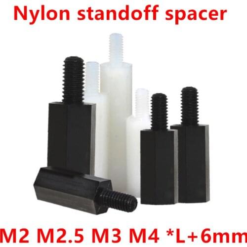 50pcs Threaded (M2 M2.5 M3 M4)*L+6mm Black Plastic Spacing screw for PCB Circuit Board Fixed Nylon standoff spacer pillar PA66