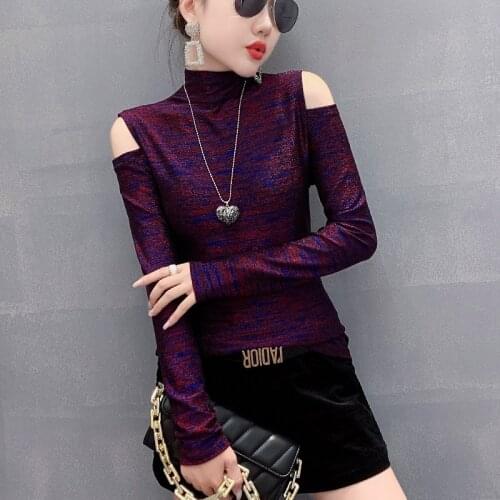 #5542 Spring Autumn Off Shoulder T Shirt For Women Tight Sexy Turtleneck T Shirt Female Slim Shinny T-shirt Blue Purple Gold