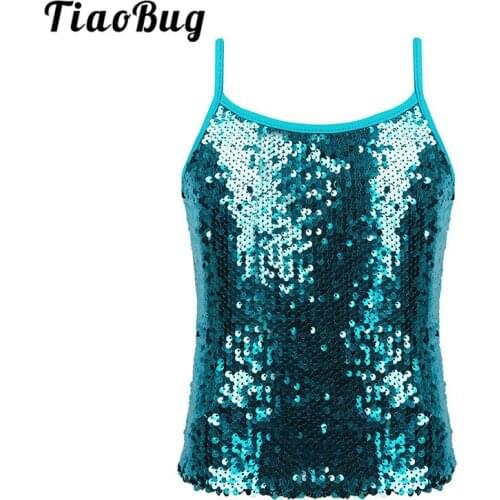 TiaoBug Kids Adjustable Spaghetti Straps Sparkly Sequined Tank Top Stage Performance Dance Costume Girls Gymnastics Ballet Tops