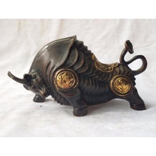 Long 20 CM /8 INCH Antique collection chinese old bronze Bull sculpture home art decoration Metal OX statue Big Cow craft
