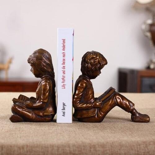 Creative Brass Color Resin Kid Bookend Sculpture vintage Bookcase Furnishing Boy Girl Crafts Gift Home Decoration Two-piece Set