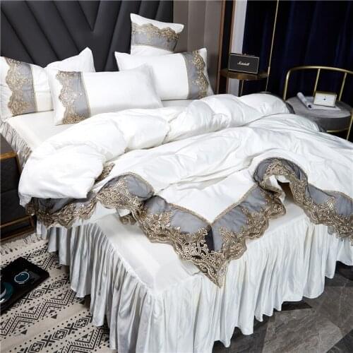 Summer Bed Skirt Ice Silk Solid Color Bedding Set 4-piece Washed Silk Duvet Cover Sheet Silk-like Cool Princess Style Bedding