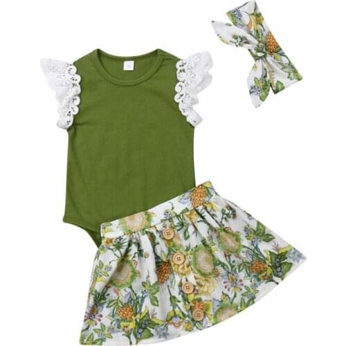 Summer 3PCS Brand New Toddler Kids Baby Girl Clothes Lace Tops Romper+Tutu Floral Dress+Headband Outfits