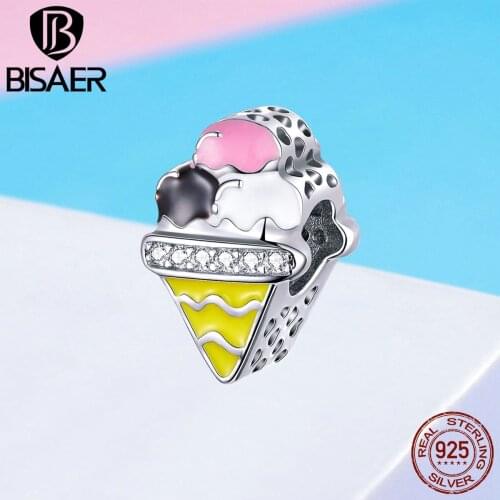 BISAER Hot Sale 925 Sterling Silver Colorful Ice Cream Beads Pendants Fit Charm Bracelet Necklace Silver DIY 925 Jewelry ECC1129