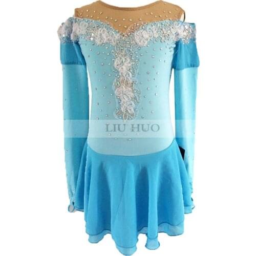 High-end customization Figure Skating Dress Womens Girls' Ice Skating Dress Sky blue high elastic fabric hand decoration