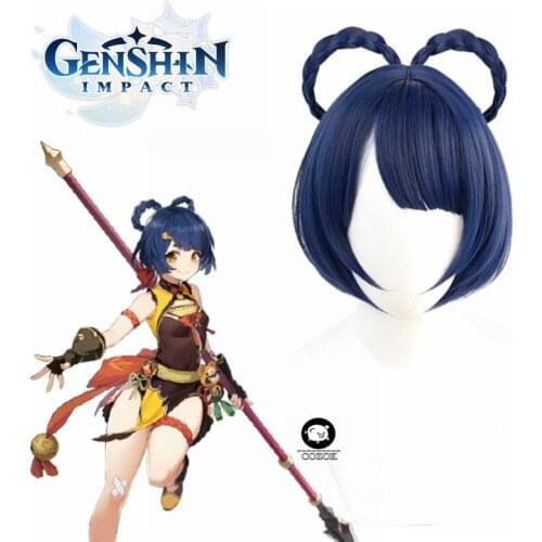 Game Genshin Impact XiangLing Cosplay Wigs Dark Blue Short Cosplay Wig Braided Wigs Heat Resistant Synthetic Hair