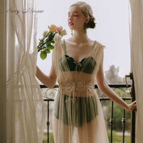 Sexy mousse nacht kleider und tanga sets mesh spitze weichen bequemen schlaf tragen bogen knoten sehen durch backless schwarz