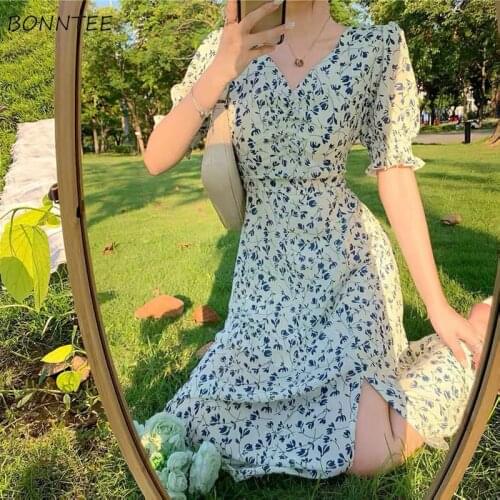 Short-sleeve Dress Women Printing V-neck Summer Chiffon Ladies Leisure Streetwear Retro Ulzzang Fashion Vintage Cute Holiday Ins