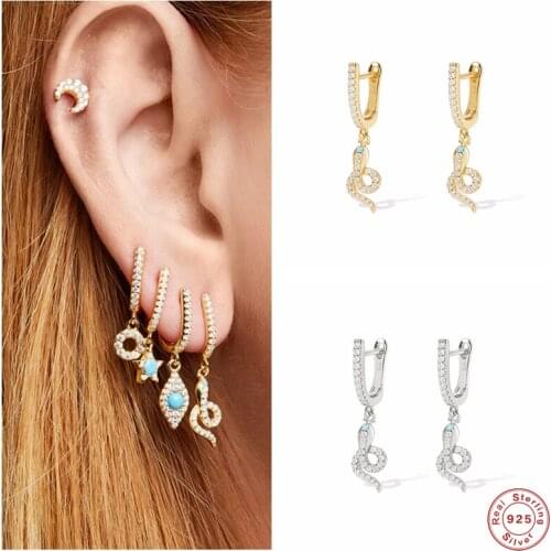 Aide 925 Sterling Silver Turquoise Zircon U Shape Circle Hoop Earrings For Women Luxury Crystal Snake Charm Pendant Earring Hoop