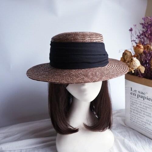 Women Straw Kentucky Derby Sun Hat Vacation Beach Cap Girl Flat top Wide Brim Summer Sun Protection Elegant Wheat Straw Hat