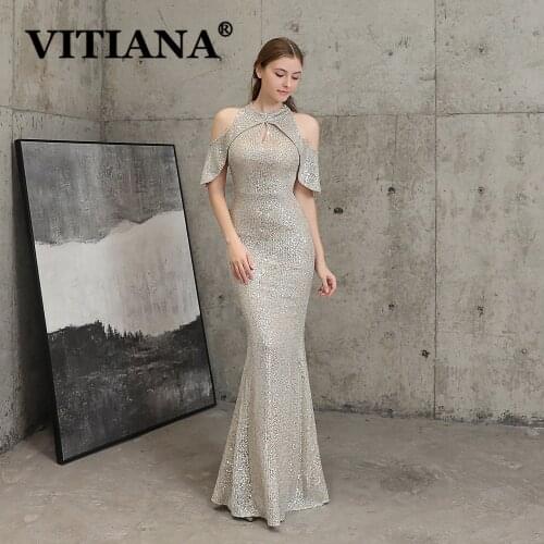 VITIANA Women Sequined Sexy Party Dress Female O-Neck Elegant Floor-Length Long Dresses Femme Host Noble Banquet Night Vestidos
